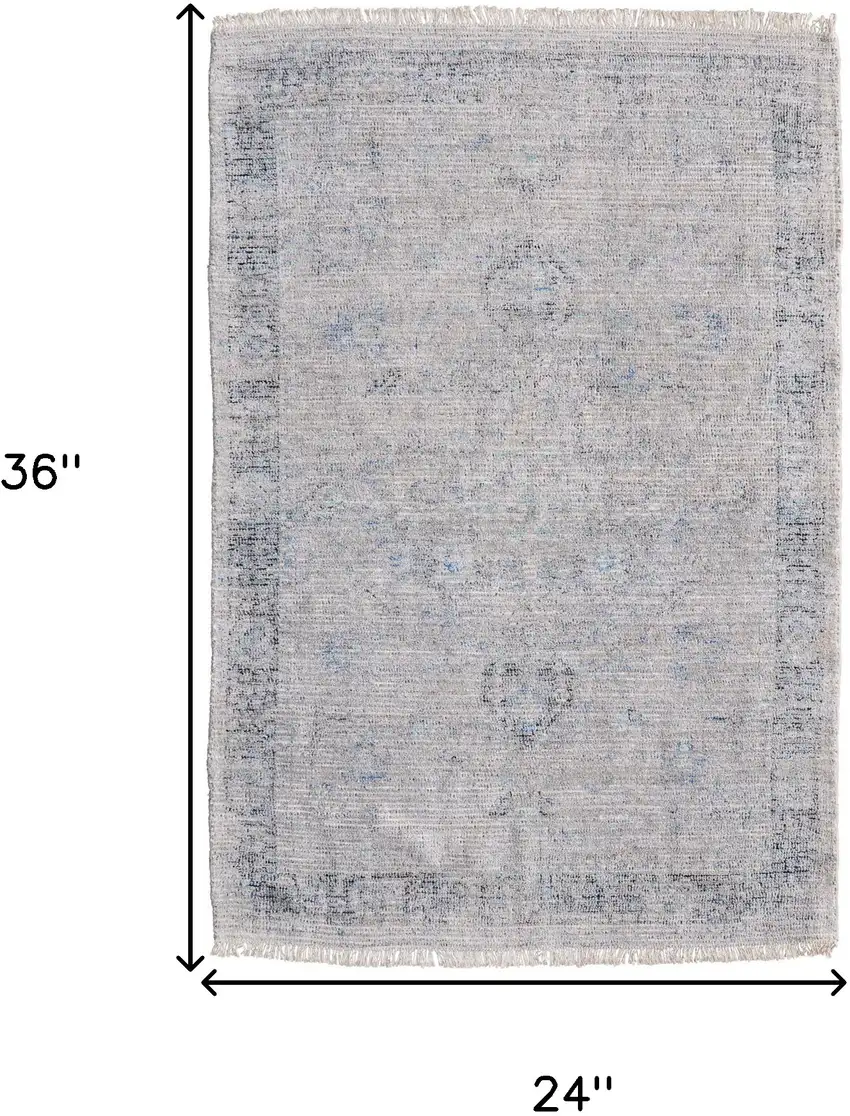 Gray Blue and Taupe Abstract Hand Woven Distressed Area Rug With Fringe Photo 3