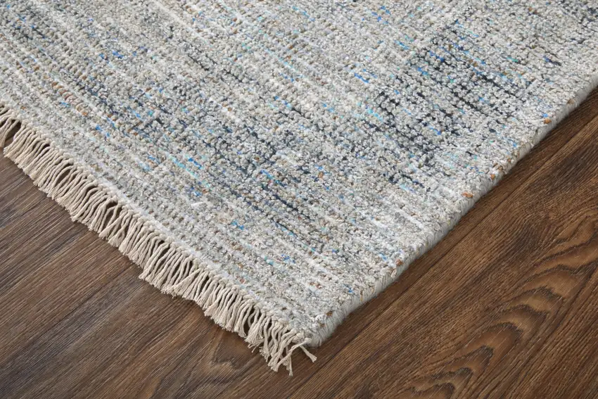 Gray Blue and Taupe Abstract Hand Woven Distressed Area Rug With Fringe Photo 9
