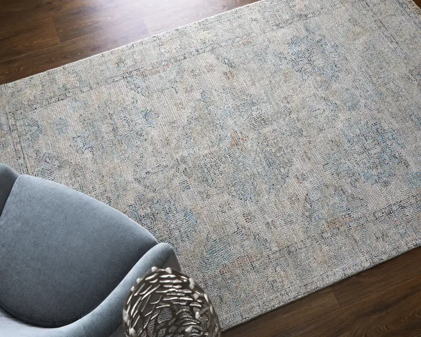 Gray Blue and Taupe Oriental Hand Woven Distressed Area Rug With Fringe Photo 9