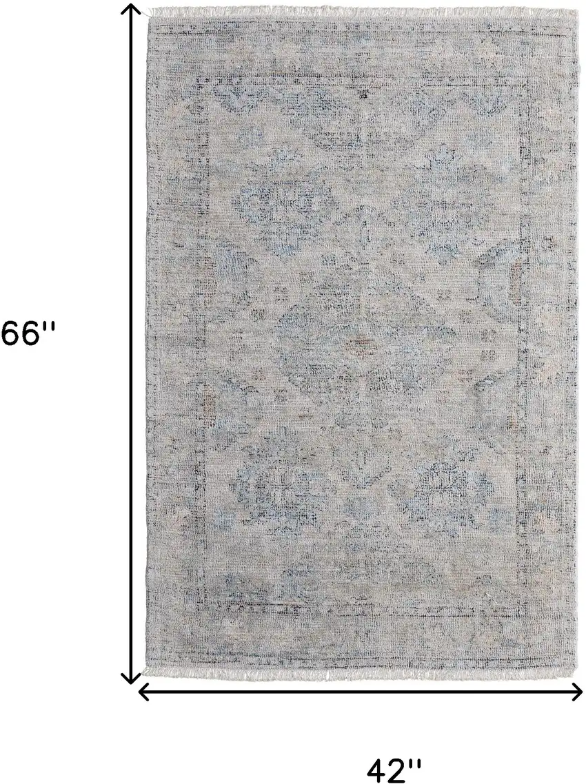 Gray Blue and Taupe Oriental Hand Woven Distressed Area Rug With Fringe Photo 3