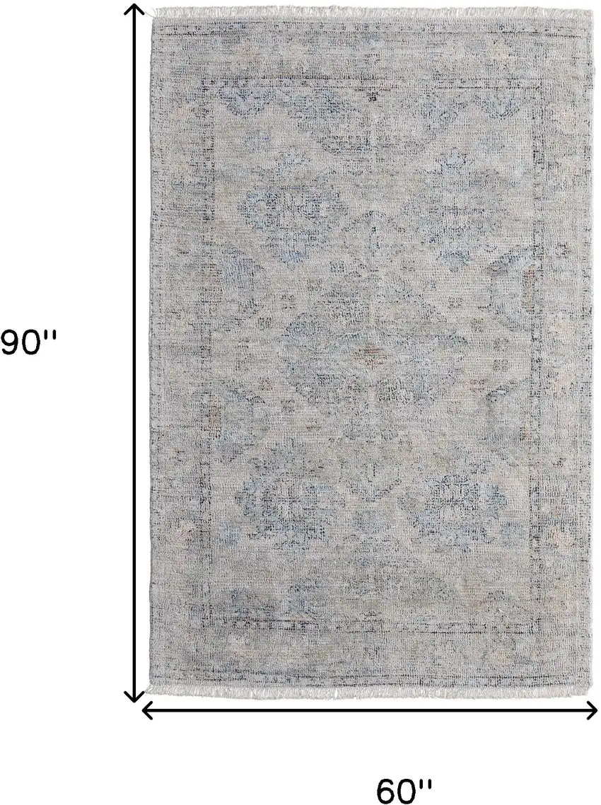 Gray Blue and Taupe Oriental Hand Woven Distressed Area Rug With Fringe Photo 3