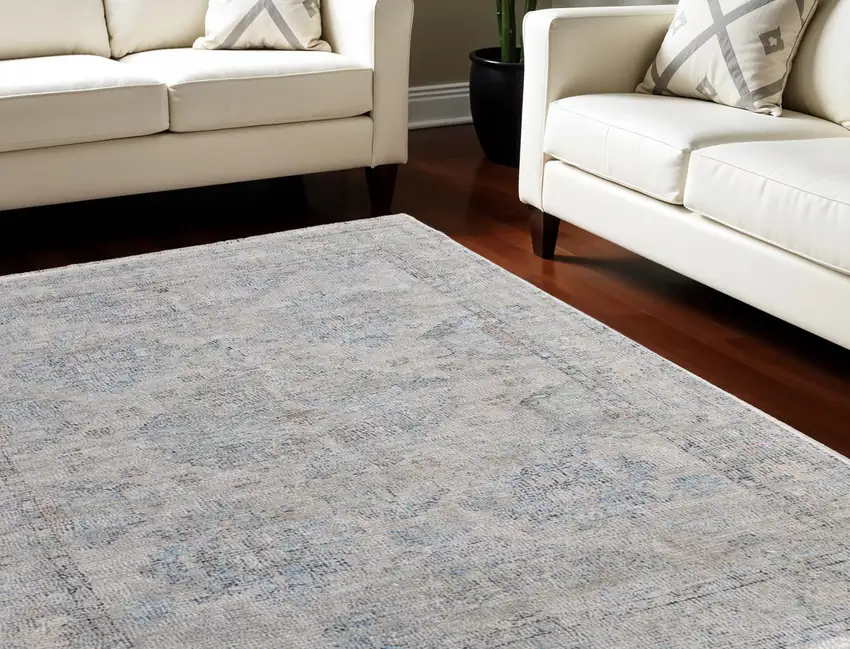 Gray Blue and Taupe Oriental Hand Woven Distressed Area Rug With Fringe Photo 1