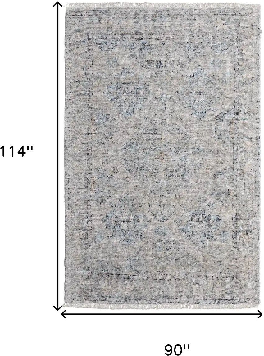 Gray Blue and Taupe Oriental Hand Woven Distressed Area Rug With Fringe Photo 3