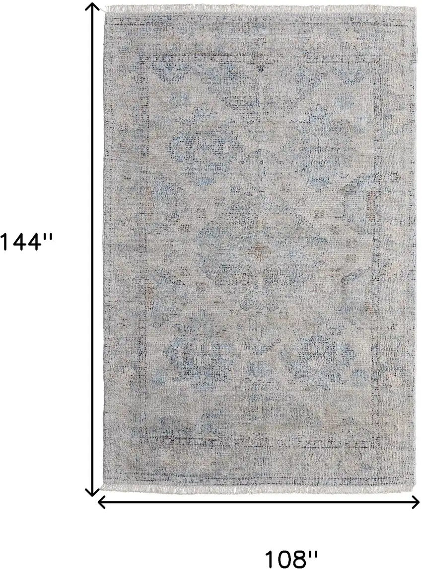 Gray Blue and Taupe Oriental Hand Woven Distressed Area Rug With Fringe Photo 3