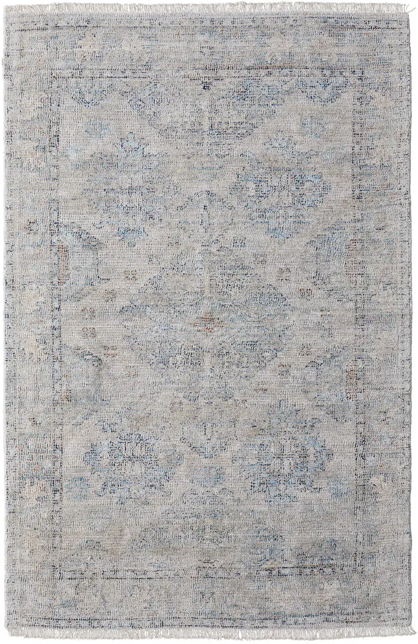 Gray Blue and Taupe Oriental Hand Woven Distressed Area Rug With Fringe Photo 4