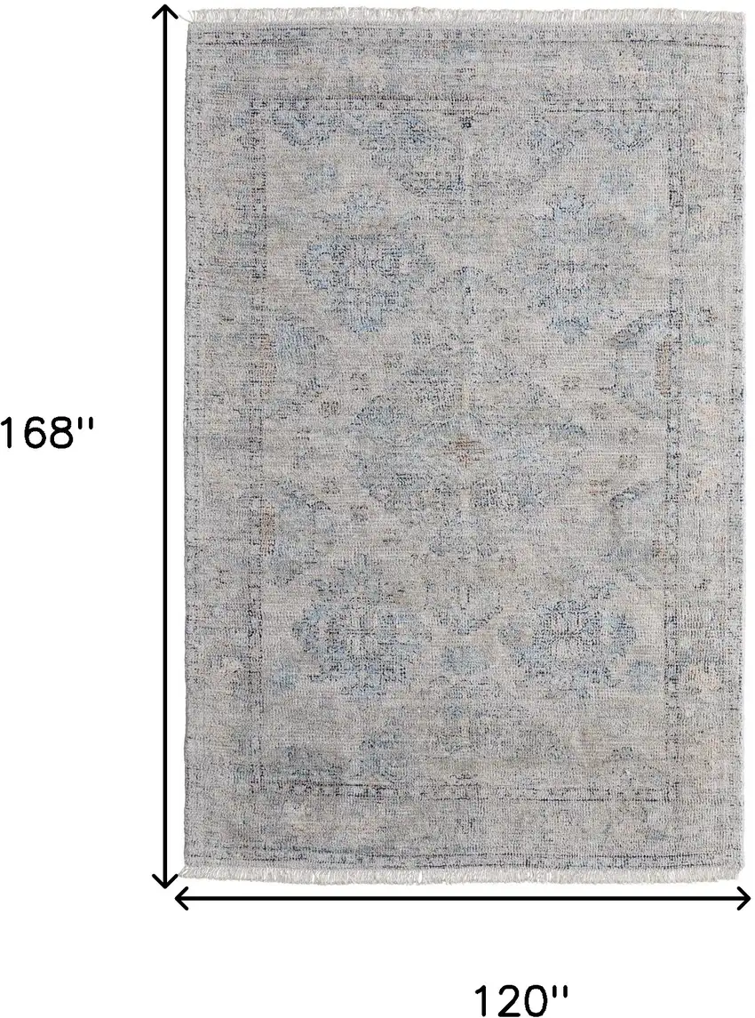Gray Blue and Taupe Oriental Hand Woven Distressed Area Rug With Fringe Photo 3