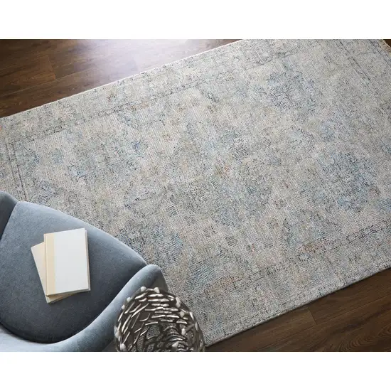 Gray Blue and Taupe Oriental Hand Woven Distressed Area Rug With Fringe Photo 9