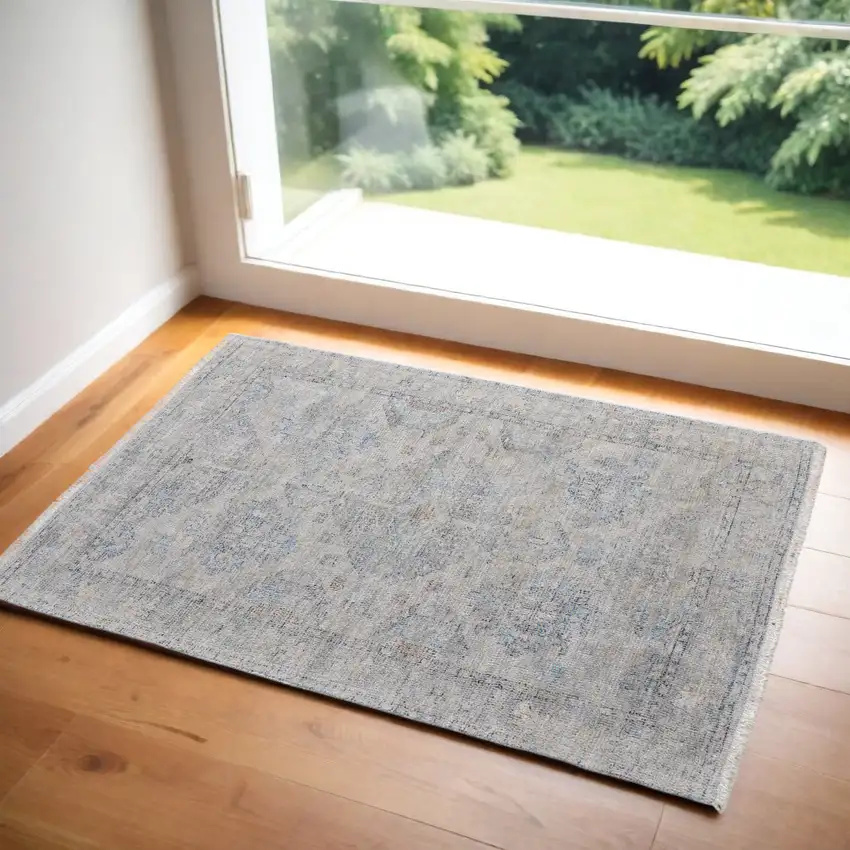 Gray Blue and Taupe Oriental Hand Woven Distressed Area Rug With Fringe Photo 1