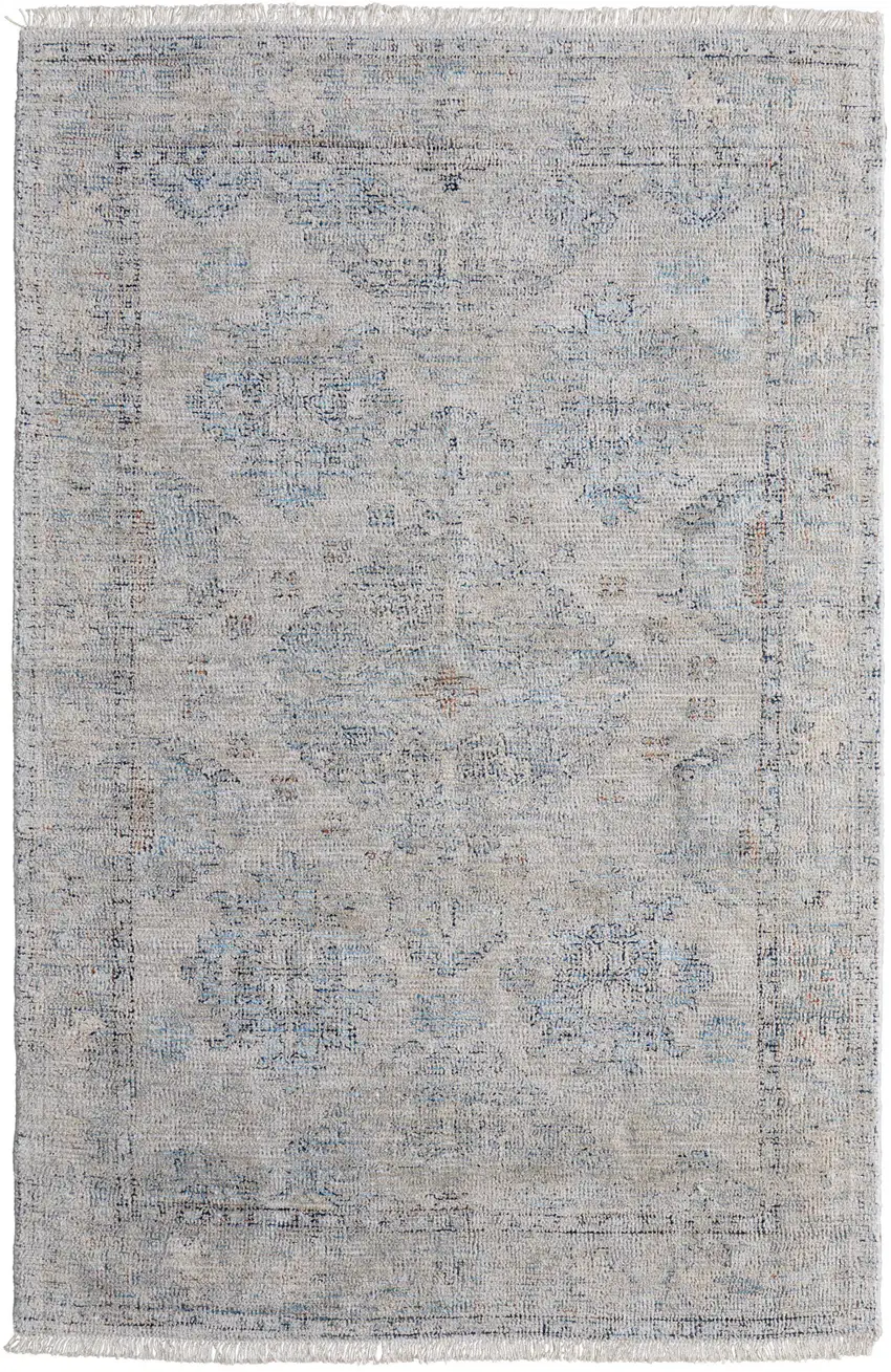 Gray Blue and Taupe Oriental Hand Woven Distressed Area Rug With Fringe Photo 2