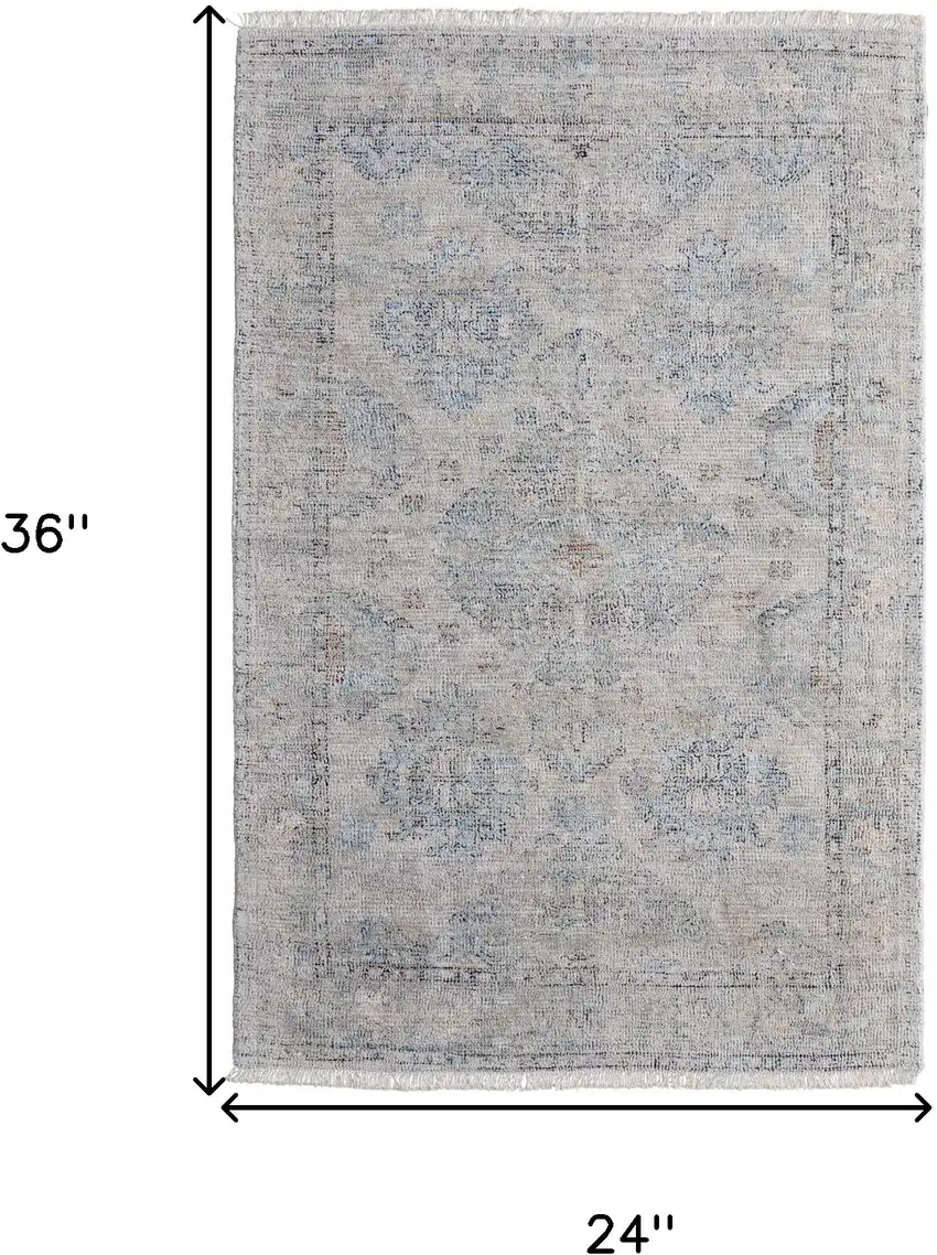 Gray Blue and Taupe Oriental Hand Woven Distressed Area Rug With Fringe Photo 3