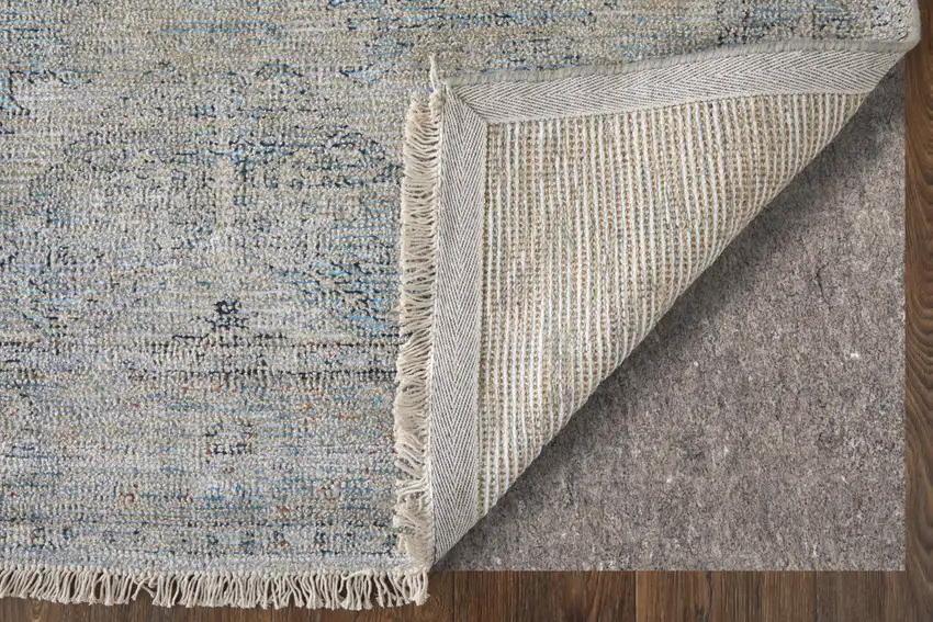 Gray Blue and Taupe Oriental Hand Woven Distressed Area Rug With Fringe Photo 7
