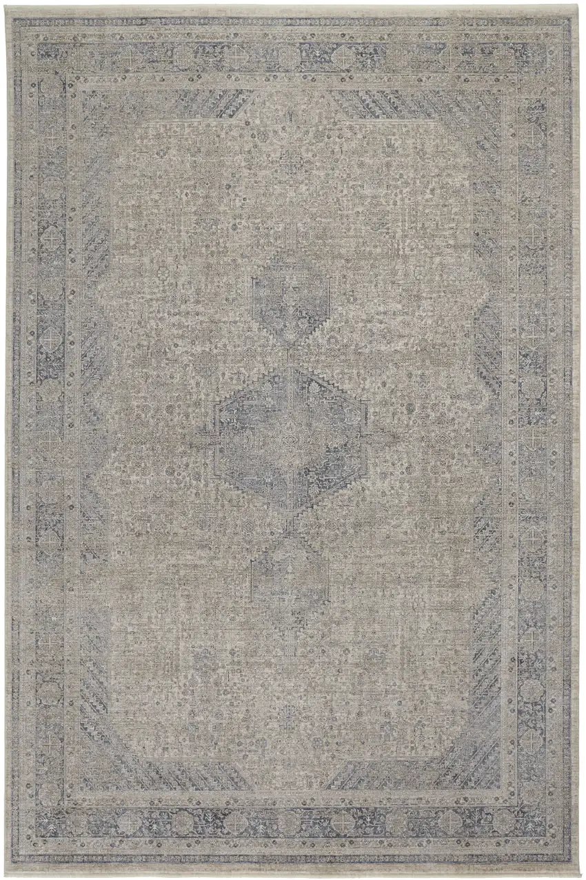 Gray Blue and Taupe Oriental Power Loom Worn Faded Area Rug With Fringe Photo 6
