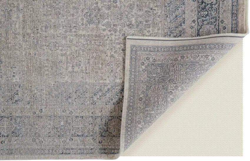Gray Blue and Taupe Oriental Power Loom Worn Faded Area Rug With Fringe Photo 8