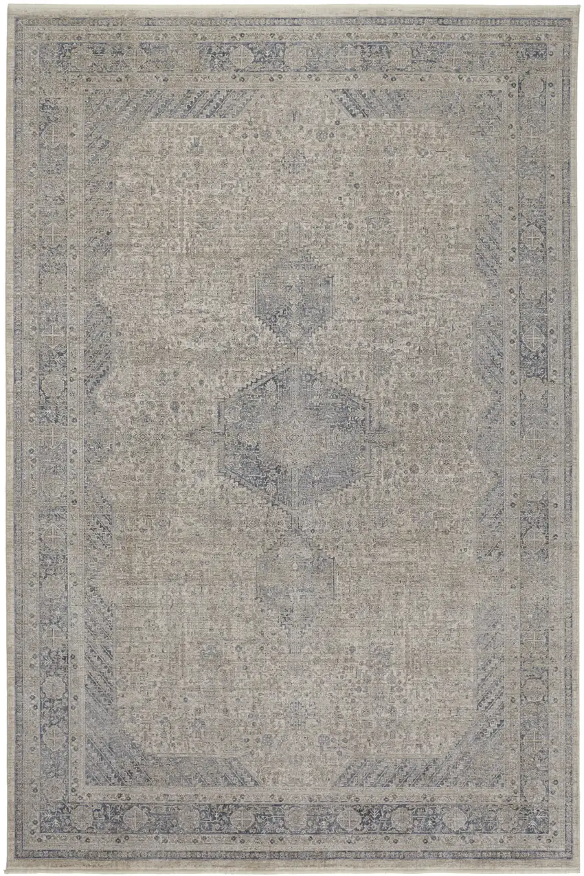 Gray Blue and Taupe Oriental Power Loom Worn Faded Area Rug With Fringe Photo 2