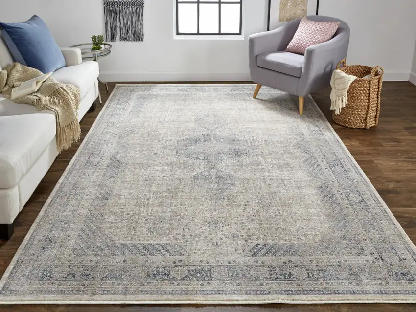 Gray Blue and Taupe Oriental Power Loom Worn Faded Area Rug With Fringe Photo 9