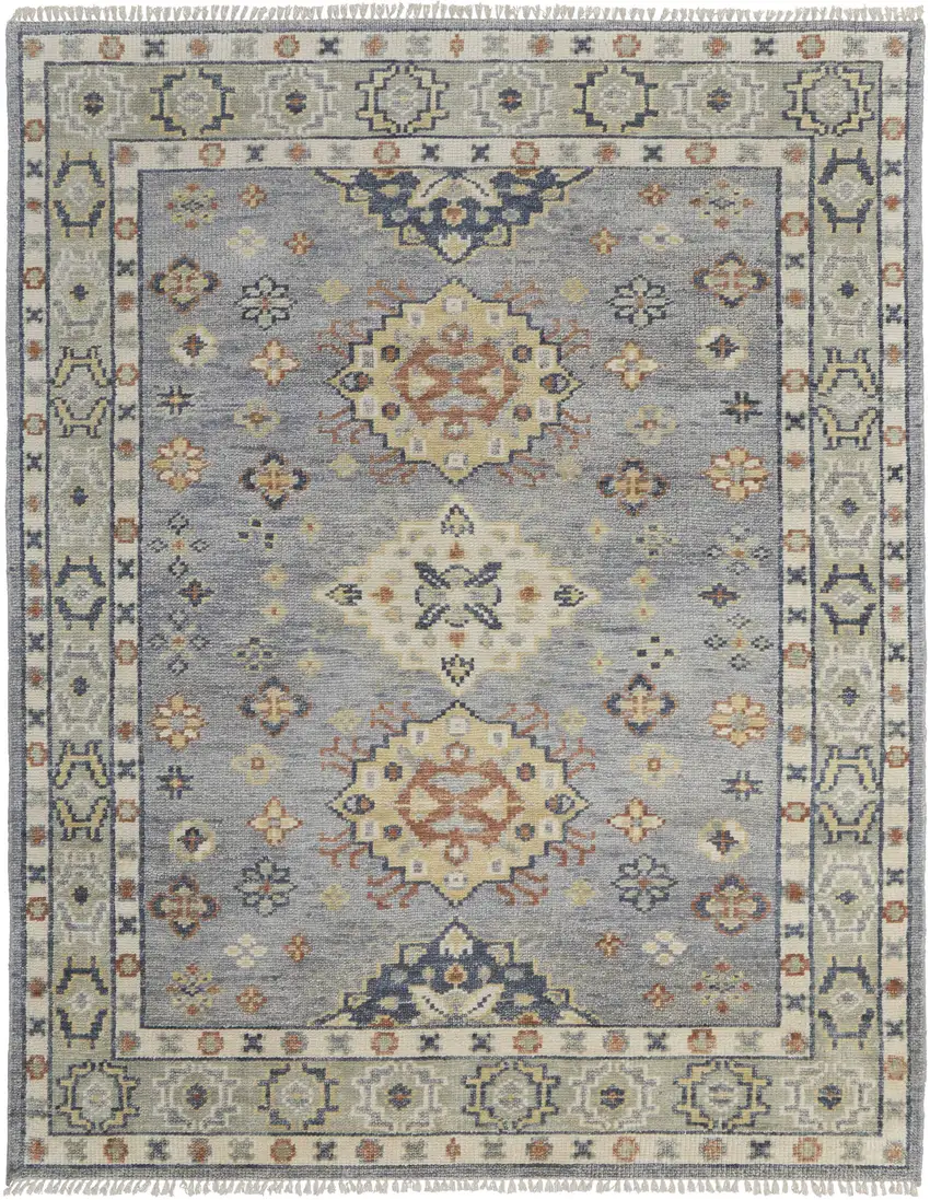 Gray Blue and Taupe Wool Geometric Hand Knotted Area Rug With Fringe Photo 1