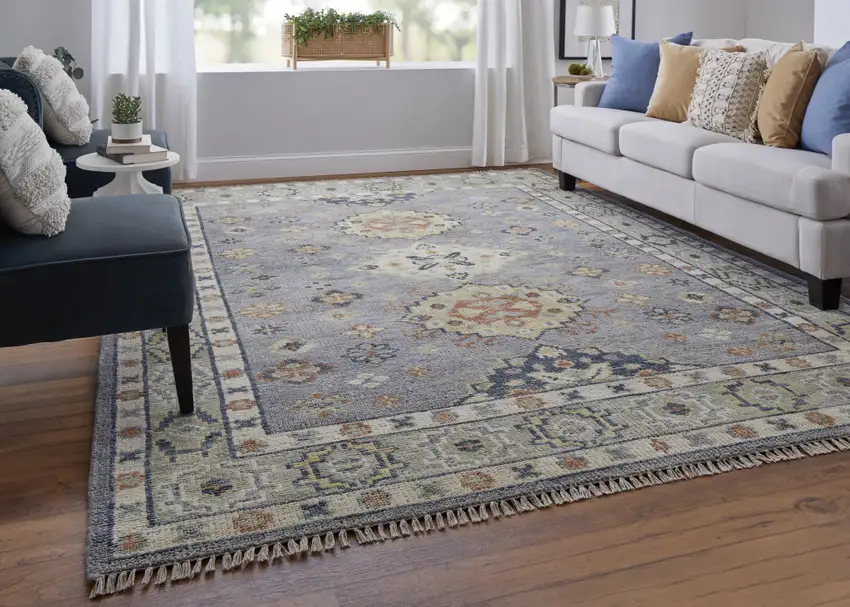 Gray Blue and Taupe Wool Geometric Hand Knotted Area Rug With Fringe Photo 9