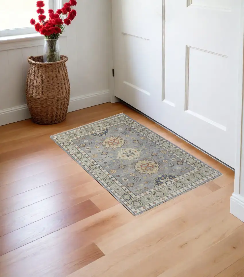 Gray Blue and Taupe Wool Geometric Hand Knotted Area Rug With Fringe Photo 2