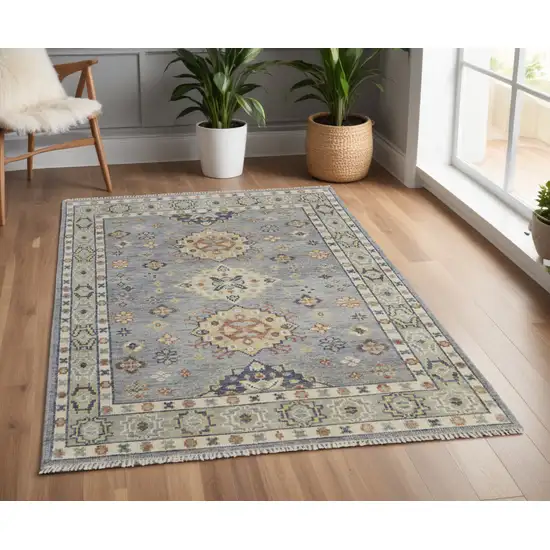 Gray Blue and Taupe Wool Geometric Hand Knotted Area Rug With Fringe Photo 1