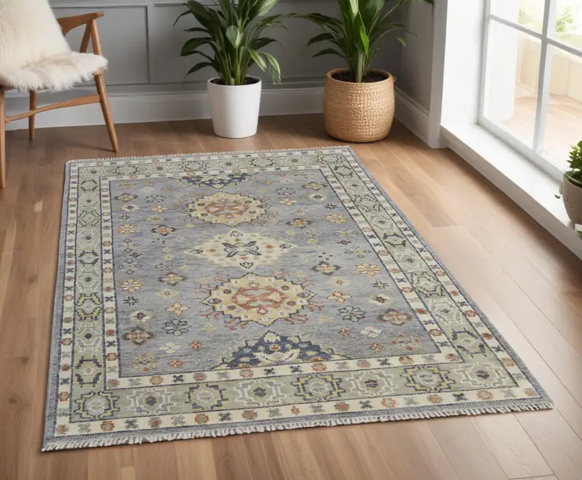 Gray Blue and Taupe Wool Geometric Hand Knotted Area Rug With Fringe Photo 1