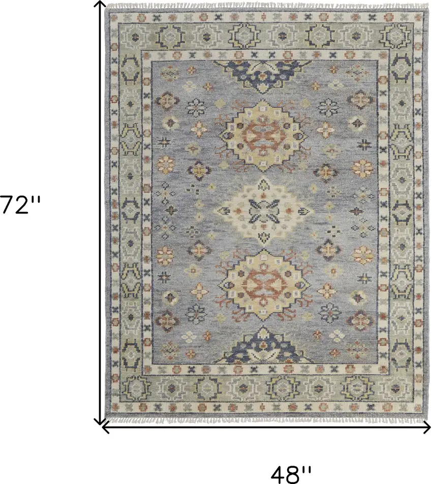 Gray Blue and Taupe Wool Geometric Hand Knotted Area Rug With Fringe Photo 3