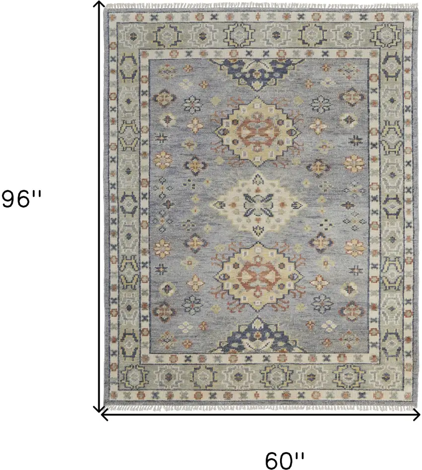 Gray Blue and Taupe Wool Geometric Hand Knotted Area Rug With Fringe Photo 3