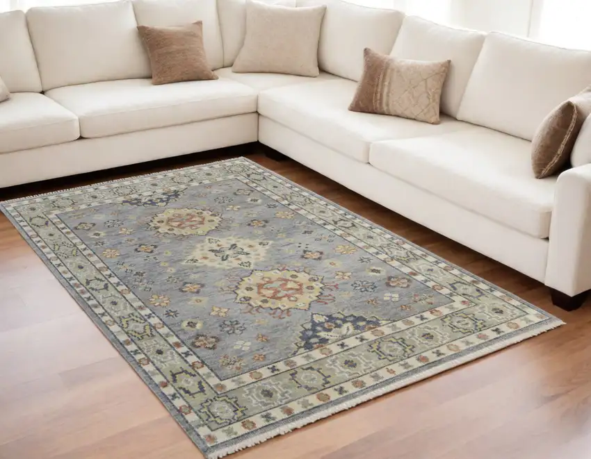 Gray Blue and Taupe Wool Geometric Hand Knotted Area Rug With Fringe Photo 1
