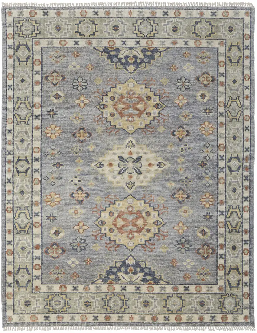 Gray Blue and Taupe Wool Geometric Hand Knotted Area Rug With Fringe Photo 5