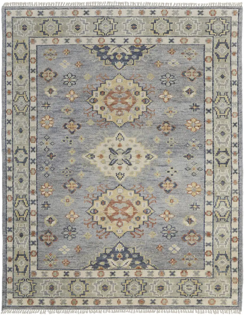 Gray Blue and Taupe Wool Geometric Hand Knotted Area Rug With Fringe Photo 1