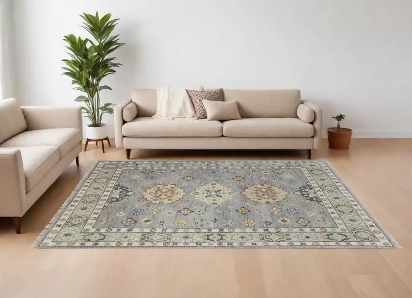 Gray Blue and Taupe Wool Geometric Hand Knotted Area Rug With Fringe Photo 2