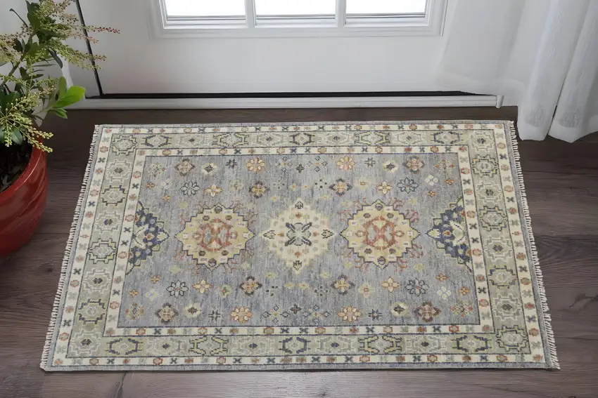 Gray Blue and Taupe Wool Geometric Hand Knotted Area Rug With Fringe Photo 1