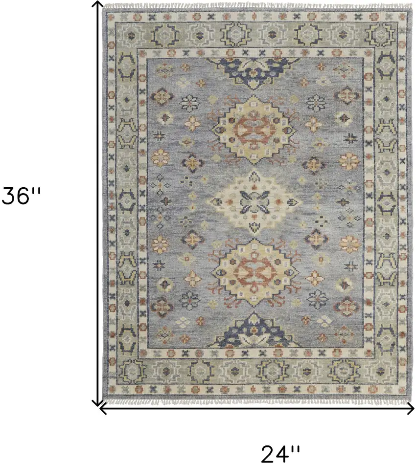 Gray Blue and Taupe Wool Geometric Hand Knotted Area Rug With Fringe Photo 3