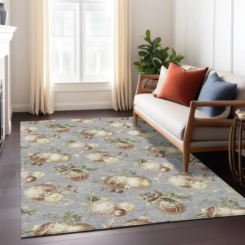 Gray Brown And Beige Botanical Leaves Washable Indoor Outdoor Area Rug Photo 6