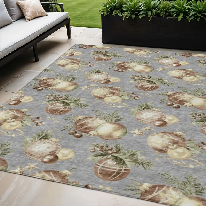 Gray Brown And Beige Botanical Leaves Washable Indoor Outdoor Area Rug Photo 2