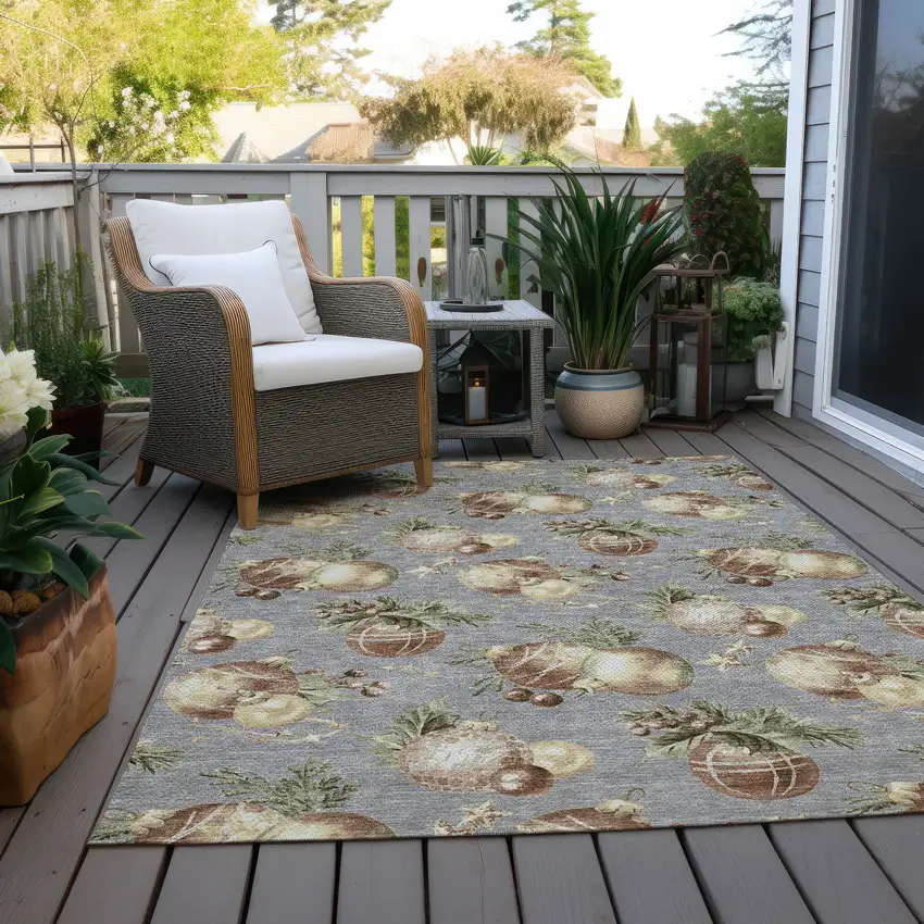 Gray Brown And Beige Botanical Leaves Washable Indoor Outdoor Area Rug Photo 6