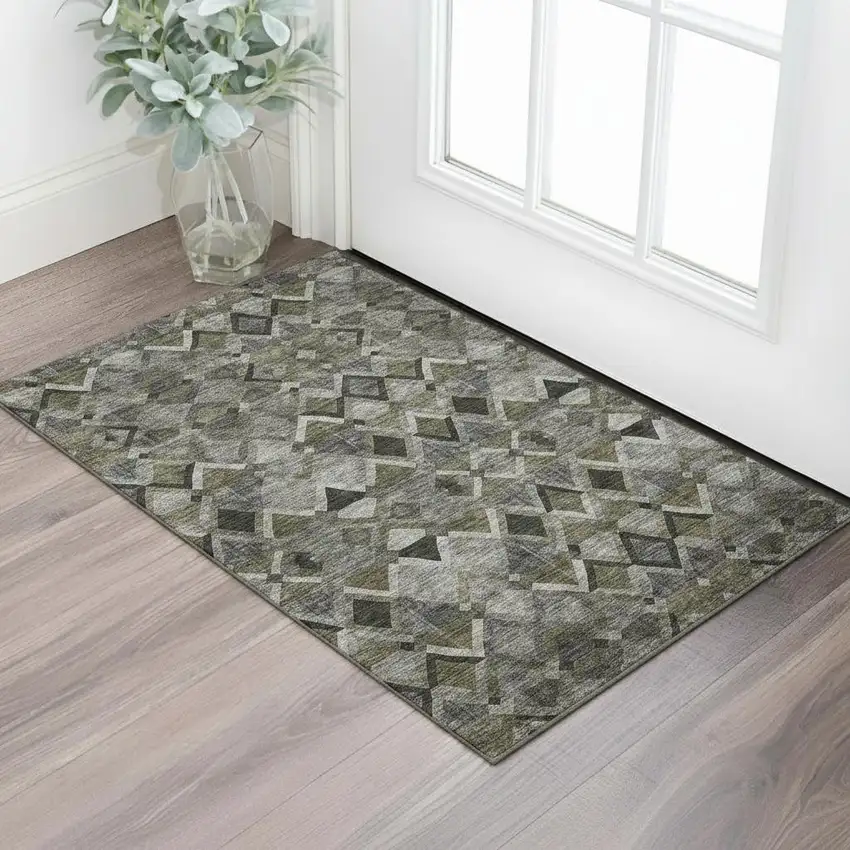 Gray Brown And Beige Geometric Washable Area Rug With UV Protection Photo 2