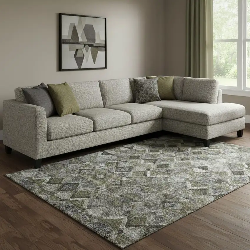 Gray Brown And Beige Geometric Washable Area Rug With UV Protection Photo 2
