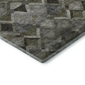 Photo of Gray Brown And Beige Geometric Washable Area Rug With UV Protection
