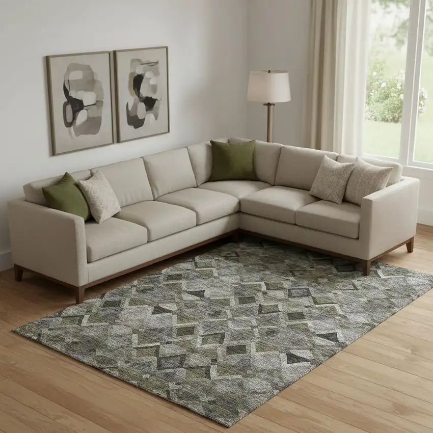 Gray Brown And Beige Geometric Washable Area Rug With UV Protection Photo 2