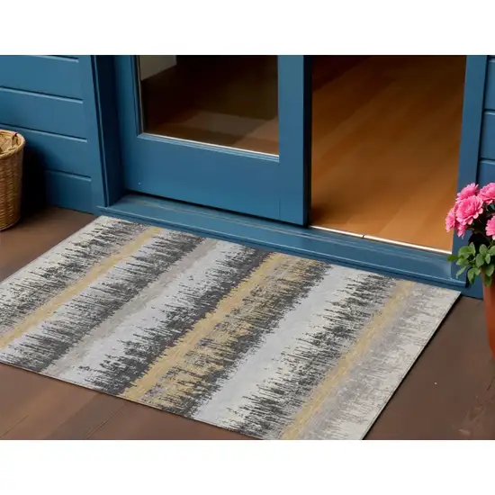 Gray Brown And Beige Striped Washable Indoor Outdoor Area Rug Photo 1