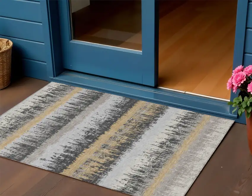 Gray Brown And Beige Striped Washable Indoor Outdoor Area Rug Photo 1
