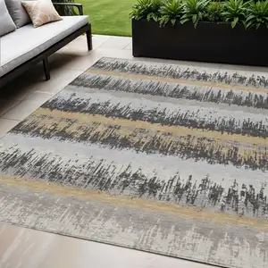 Photo of Gray Brown And Beige Striped Washable Indoor Outdoor Area Rug