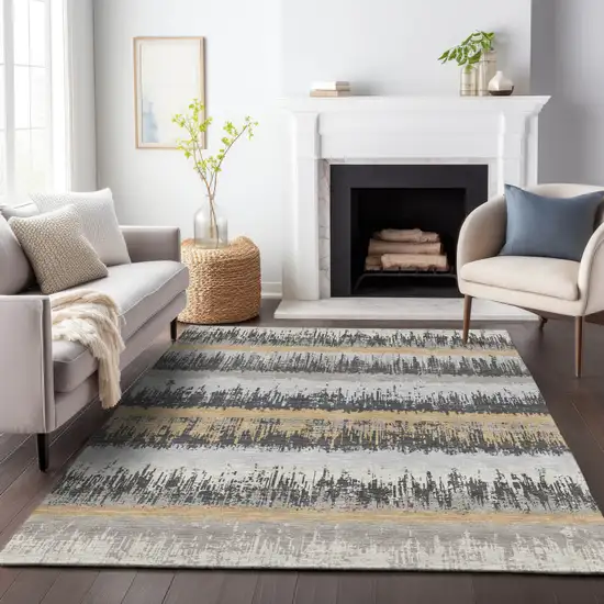 Gray Brown And Beige Striped Washable Indoor Outdoor Area Rug Photo 8