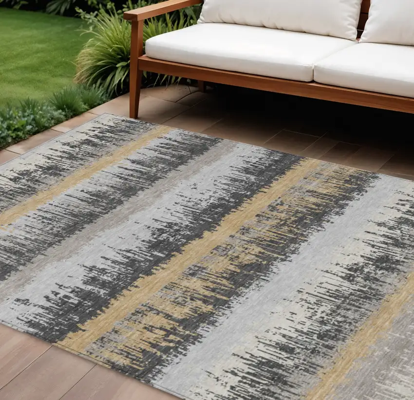 Gray Brown And Beige Striped Washable Indoor Outdoor Area Rug Photo 1