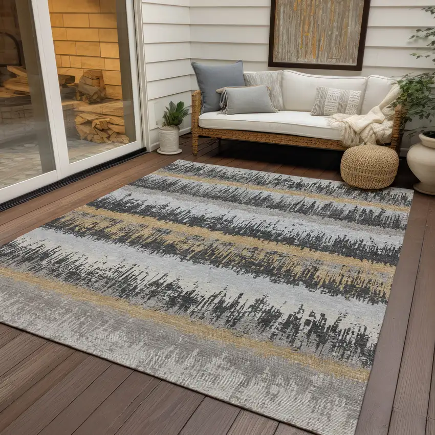 Gray Brown And Beige Striped Washable Indoor Outdoor Area Rug Photo 7