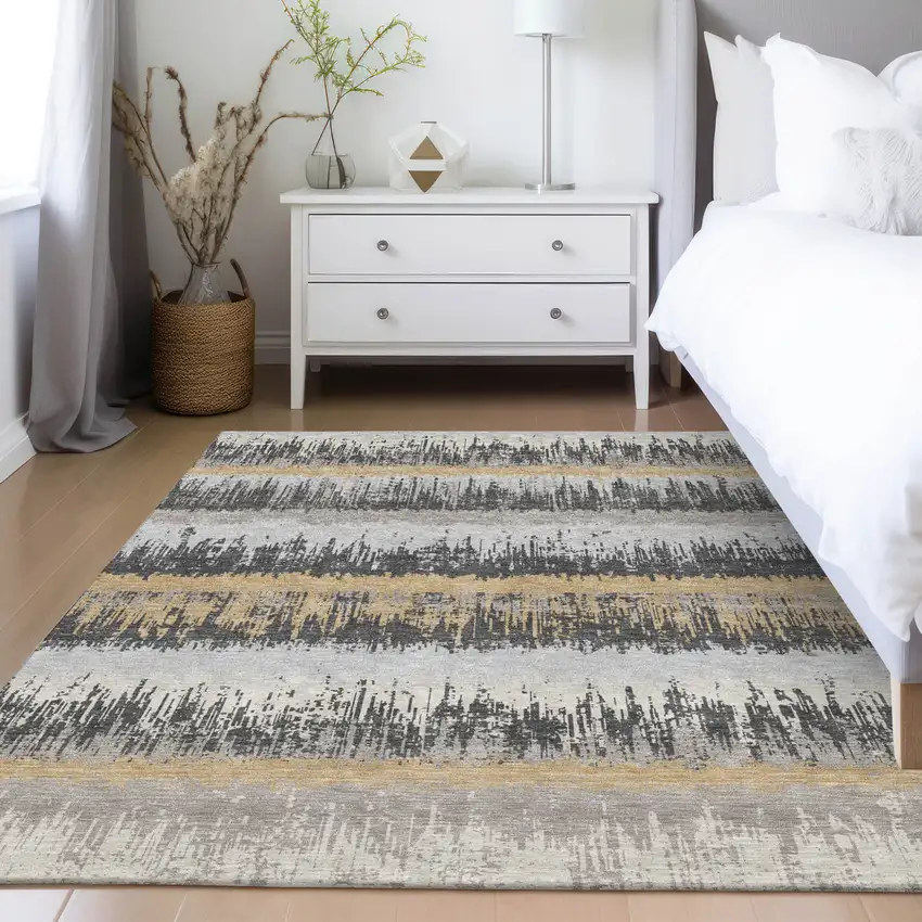 Gray Brown And Beige Striped Washable Indoor Outdoor Area Rug Photo 9