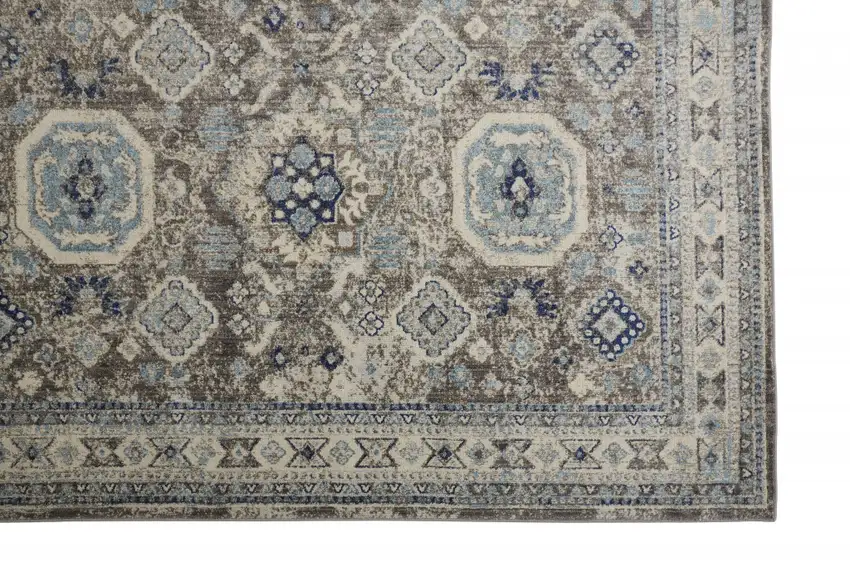 Gray Brown And Blue Floral Stain Resistant Area Rug Photo 3
