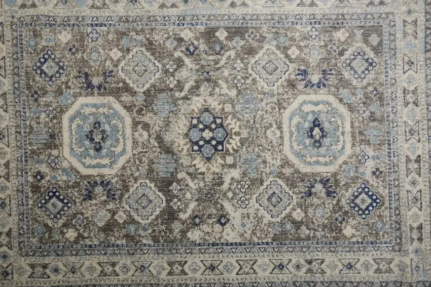 Gray Brown And Blue Floral Stain Resistant Area Rug Photo 6