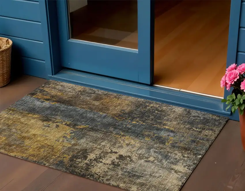 Gray Brown And Gold Abstract Washable Indoor Outdoor Area Rug Photo 1
