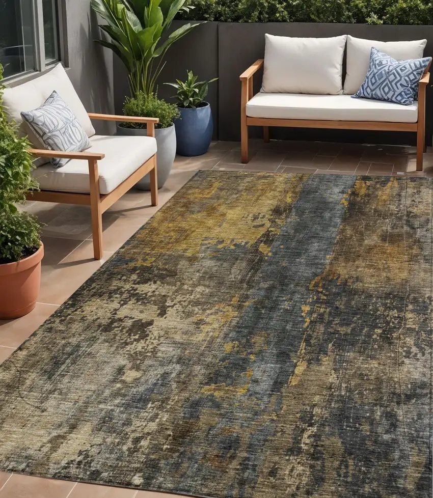 Gray Brown And Gold Abstract Washable Indoor Outdoor Area Rug Photo 1